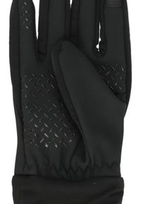 Mustat käsineet, jotka on valmistettu pehmeästä, joustavasta kankaasta, jossa on teksturoitu pito-kuvio käsikämmenessä ja joustavat hihansuut tiukkaa istuvuutta varten.