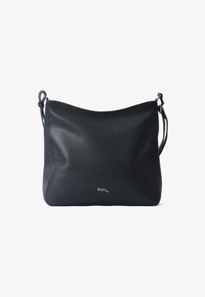 Borsa a spalla in pelle nera con una superficie liscia, parte superiore arrotondata, tracolla regolabile e un piccolo logo in basso. Design semplice e minimalista.