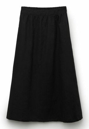 Czarna spódnica midi o kroju litery A z elastyczną talią i bocznymi kieszeniami, wykonana z lekkiego materiału.