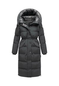 Long manteau rembourré noir avec une capuche brillante et isolée. Caractéristiques : taille cintrée, fermetures à boutons sur le devant et poches latérales doubles. Tissu texturé.
