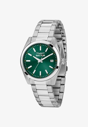 Orologio da polso in metallo argento con quadrante verde, indicatori delle ore bianchi, finestra della data alle 3 e tre lancette che segnano le 10:10:37.