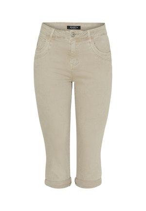 Beige knælange shorts med opsmøgede manchetter, foran knap, lynlås og forlommer, mærket Marta.