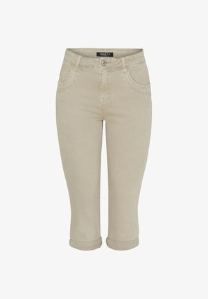 Beige knælange shorts med opsmøgede manchetter, foran knap, lynlås og forlommer, mærket Marta.