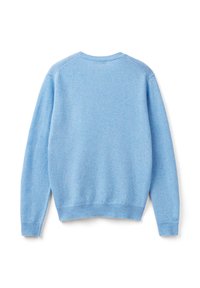 Hellblaues langärmliges Rundhals-Sweatshirt flach ausgelegt, mit der Rückseite sichtbar, und gerippten Bündchen und Saum vor einem weißen Hintergrund.