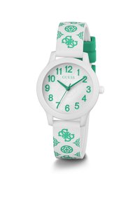 Vit silikonklocka med gröna accenter. Runt urtavla med tryckta siffror och logotyp. Armband med ett upprepande mönster i grönt.