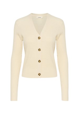 Cream ribbed cardigan with long sleeves, V-neckline, and five large brown buttons down the front. Smooth texture and fitted design.