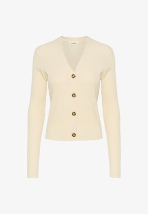 Krem kardigan s rebrastim uzorkom, dugim rukavima, V-izrezom i pet velikih smeškastih dugmadi sprijeda. Glatka tekstura i prilagođen dizajn.