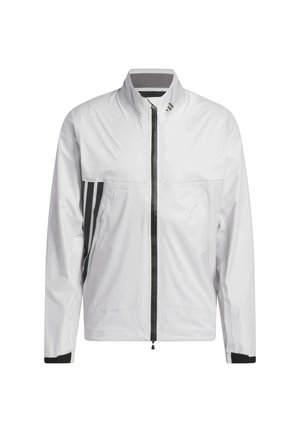 Witte lichtgewicht jas gemaakt van gladde stof, met een voorkant rits, zwarte accenten en drie zwarte strepen aan de zijkanten.