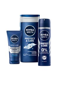 Set of three NIVEA MEN products: a blue tube of cream, a blue shower gel container, and a blue spray deodorant, all with white text.