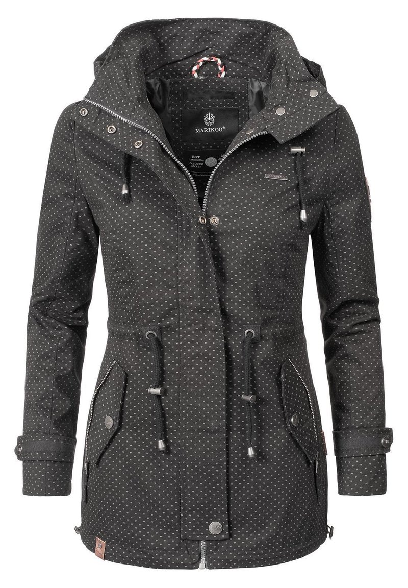 Black waterproof jacket with white polka dots, adjustable hood, drawstrings at waist, zippered and flap pockets, and snap-button closure.