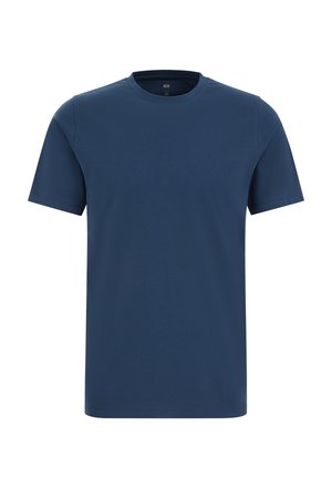 Effen marineblauw T-shirt met korte mouwen en ronde hals, maat medium, weergegeven op een witte achtergrond.