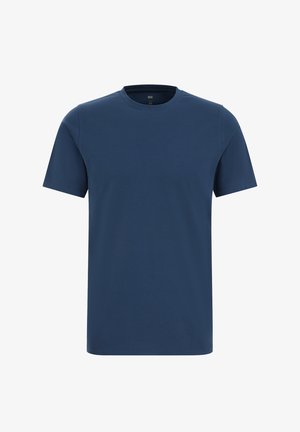 Yksivärinen tummansininen t-paita, lyhyet hihat ja pyöreä pääntie, keskikoko, esitetty valkoisella taustalla.