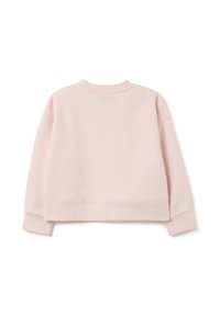 Sudadera cropped de color rosa claro con cuello redondo, mangas ajustadas y una textura suave. Presenta un corte relajado y costuras mínimas.