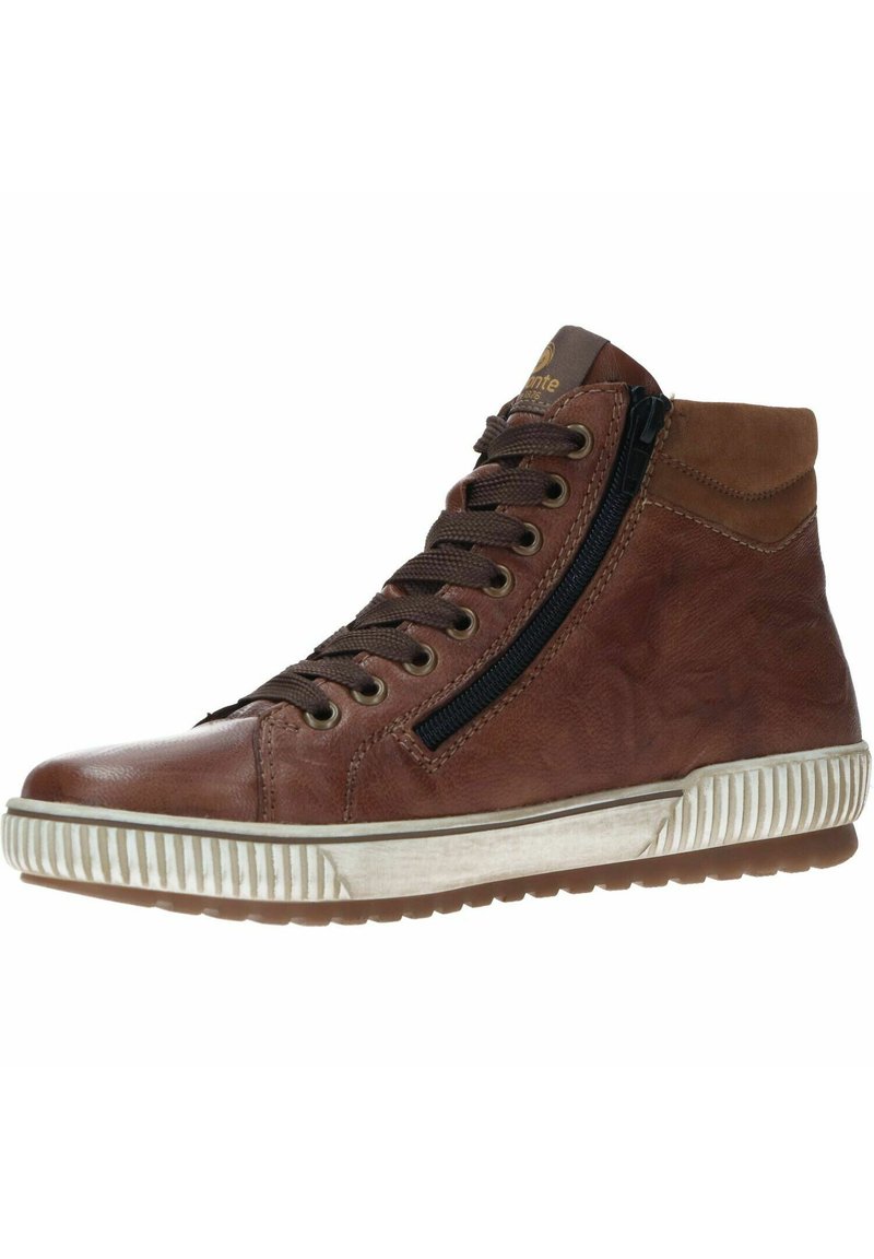Bottine haute en cuir marron avec lacets à l'avant et fermeture éclair sur le côté. Présente un dessus texturé et une semelle en caoutchouc avec des rainures horizontales.