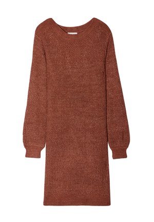 Langarm-Strickkleid in Rostfarbe mit V-Ausschnitt, strukturiertem Muster sowie gerippten Ärmeln und Saum. Hergestellt aus weichem, warmem Material.