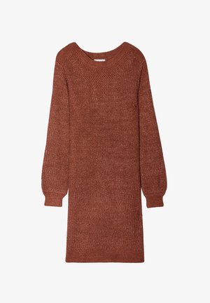 Langarm-Strickkleid in Rostfarbe mit V-Ausschnitt, strukturiertem Muster sowie gerippten Ärmeln und Saum. Hergestellt aus weichem, warmem Material.