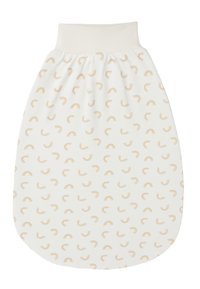 Weißer Schlafsack mit elastischem Ausschnitt, der ein sich wiederholendes Muster aus kleinen gelben und orangefarbenen Halbregenbögen zeigt. Weiche Stofftextur.