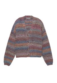 Cardigan tricotat multicolor, cu croială lejeră, decolteu în V, cinci nasturi în față și manșete drepte. Prezintă o textură ondulată.