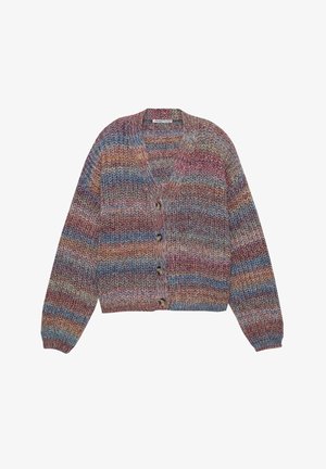 Wielokolorowy dziergany kardigan o luźnym kroju, z dekoltem w serek, pięcioma guzikami z przodu i ściągaczami na mankietach. Charakteryzuje się falistą fakturą.