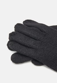 Black knitted gloves with a textured pattern, featuring a snug fit and five finger design, suitable for cold weather protection.