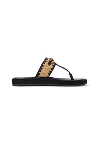 Black flip-flop sandal with woven beige fabric strap, textured design, and flat sole. Adjustable accent with detail at the toe post.