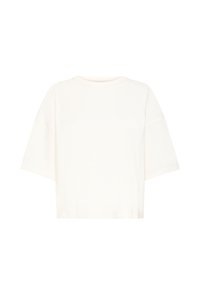 Hvid oversized t-shirt med korte ærmer, rund hals og sænkede skuldersømme på en ensfarvet baggrund.