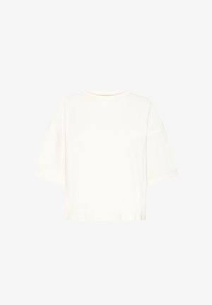 Valge ülisuur lühikeste varrukatega T-särk ümmarguse kaelusega ja madalate õmblustega, taust on lihtne.