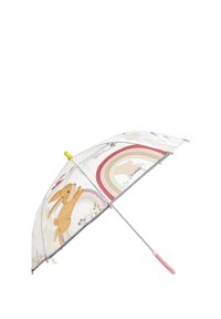 Transparenter Regenschirm mit einem hellrosa Griff, der ein Kaninchenmotiv und Regenbogenmuster auf dem Oberteil zeigt, silberner Metallrahmen.