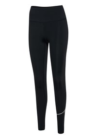 Zwarte leggings van rekbaar materiaal, met een hoge tailleband, een gladde textuur en een reflecterende accentstreep bij de enkel.