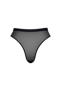 Schwarzer Mesh-Thong mit transparenter Textur, ausgestattet mit einem einfarbigen schwarzen Taillenbund und minimalistischer Gestaltung. Er hat eine traditionelle Thong-Form.