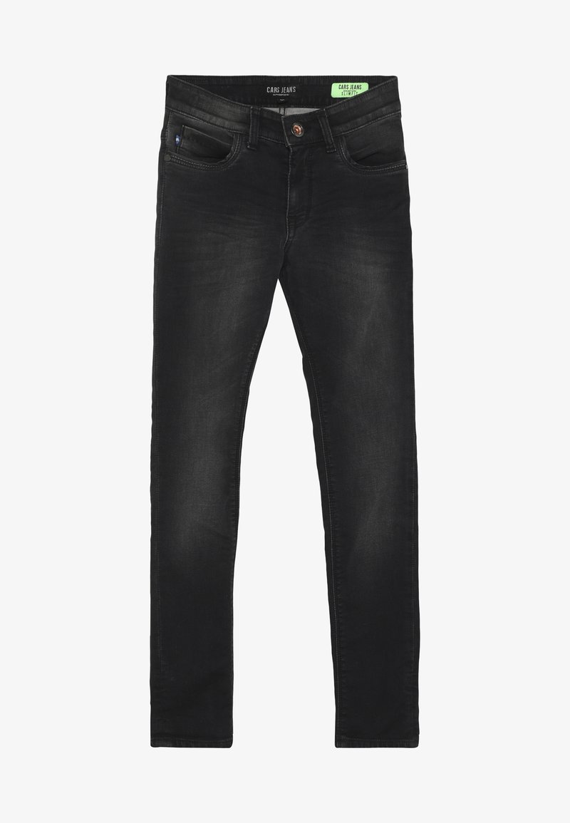 Strakzittende zwarte jeans met een gladde denimtextuur. Voorzien van vijf zakken, een knoopsluiting aan de voorkant en subtiele stiksel details.