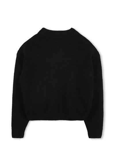 Pull en tricot noir avec un col rond, des manches longues et une coupe cropped. Texture douce avec des détails côtelés au niveau du col et des poignets.