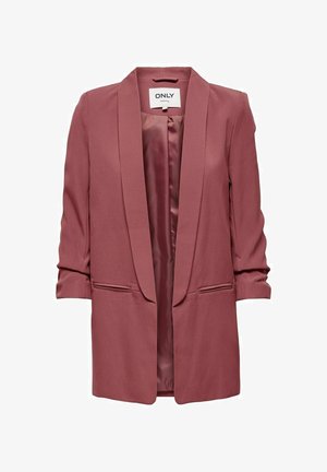 Lange dusty rose blazer met smalle revers, opgerolde mouwen, voorste paspelzakken en satijnen binnenvoering.