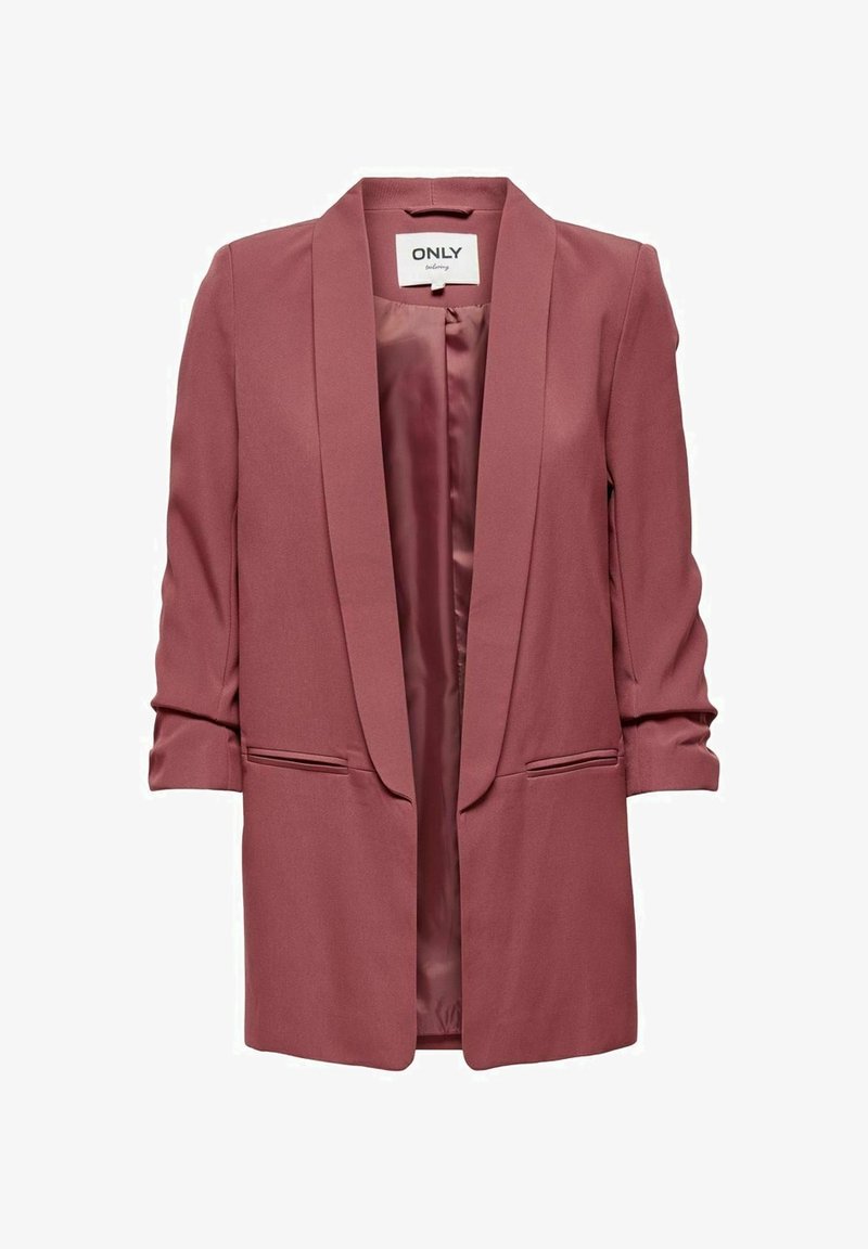 Long blazer rose poudré avec revers étroits, manches retroussées, poches passepoilées à l'avant et doublure intérieure satinée.