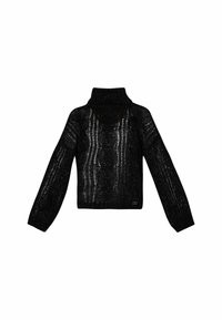 Pull à col roulé en maille torsadée noire avec manches longues et coupe courte, présentant un motif ajouré texturé.