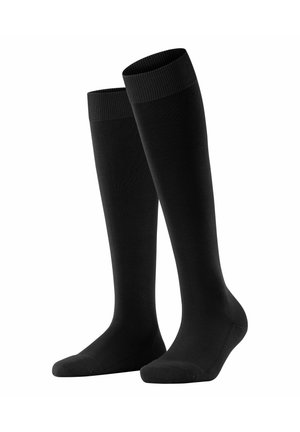 Zwarte kniekousen van gladde stof met een geribde bovenrand, een naadloze teen en een aansluitende pasvorm voor comfort en ondersteuning.