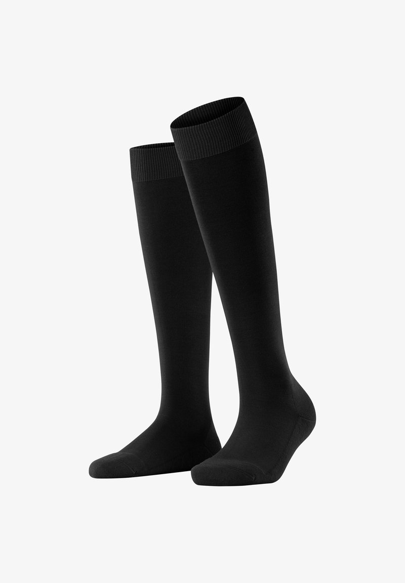 Schwarze knielange Socken aus glattem Stoff mit geripptem Bund, nahtlosem Zehenbereich und einer passgenauen Form für Komfort und Unterstützung.