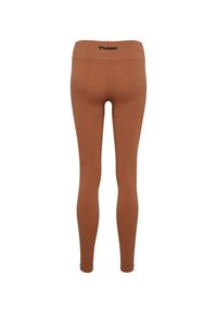 Braune gerippte Leggings mit einem breiten Bund und einem schwarzen Logo. Figurbetontes Design, glatte Textur und knöchellanger Schnitt.