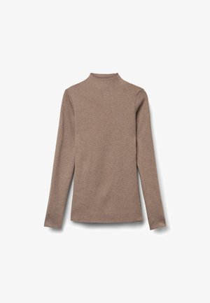 T-shirt à col roulé brun à manches longues, fabriqué en tissu doux avec un design ajusté et un ourlet droit, sans motifs ni embellissements.