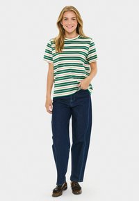 T-shirt rayé vert et crème, à manches courtes, col rond ; associé à un jean droit bleu marine et des chaussures marron.