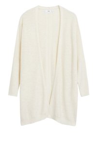 Krátký cardigan s otevřeným předním dílem v krémové barvě, s dlouhými rukávy, uvolněným střihem a strukturovaným pleteným vzorem s jemným zakončením.