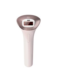Appareil d'épilation au design épuré, avec une palette de couleurs rose et blanche, une fenêtre de traitement rectangulaire et un bouton de contrôle.