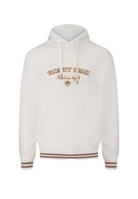 Hvid hoodie med "VARSITY TEAM" og "Reach new heights" broderet i brun. Har snore, ribbede manchetter og nederste kant med stribedetaljer.