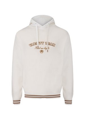 Biała bluza z kapturem z haftem "VARSITY TEAM" oraz "Osiągnij nowe szczyty" w kolorze brązowym. Posiada sznurki, ściągacze przy rękawach oraz na dolnym hemie z detalami w paski.