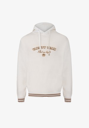 Valkoinen huppari, jossa on ruskealla brodeerattu "VARSITY TEAM" ja "Saavuta uusia korkeuksia". Varustettu naruilla, röyhelöillä hihansuissa ja alareunassa raidalliset yksityiskohdat.