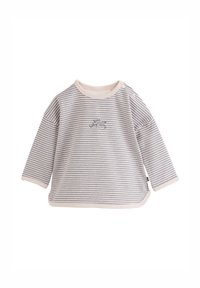 Long-sleeve baby shirt with thin grey horizontal stripes, cream trim, shoulder buttons, and a small coffee cup graphic with text on the chest.