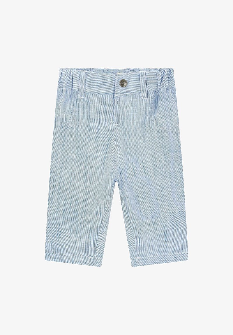 Pantalon pour tout-petit à rayures verticales bleu clair et blanc, avec taille élastique, fermeture à boutons, passants pour ceinture et poches avant.