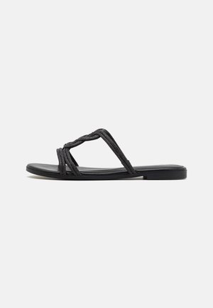 Black flat sandals featuring a woven strap design, smooth synthetic upper, and a minimalist sole. Suitable for casual wear.