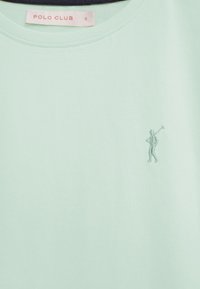 Camiseta de cuello redondo verde claro con pequeño logo bordado de golfista en el pecho y una etiqueta rosa de "Polo Club" en el cuello.