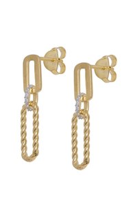Goldfarbene Ohrringe mit einem rechteckigen Kettendesign, das mit einem gewundenen Seil-Detail und einer kleinen Reihe von eingearbeiteten klaren Kristallen verziert ist.